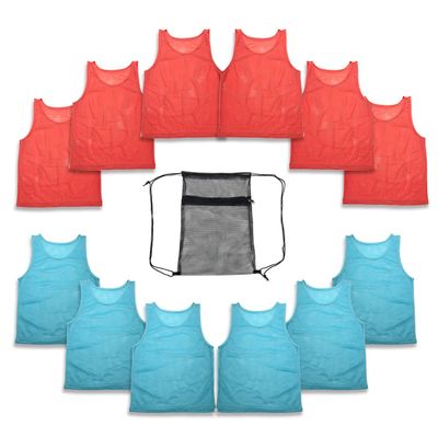 12 pc Set Team Pinnies Vest - Nylon Mesh Vests Uniform for Youth, Kids, Boys & Girls - Basketball, Football, Soccer, All Sport Practice Jersey Pennies Scrimmage, Mesh Zip Backpack (Red & Light Blue)