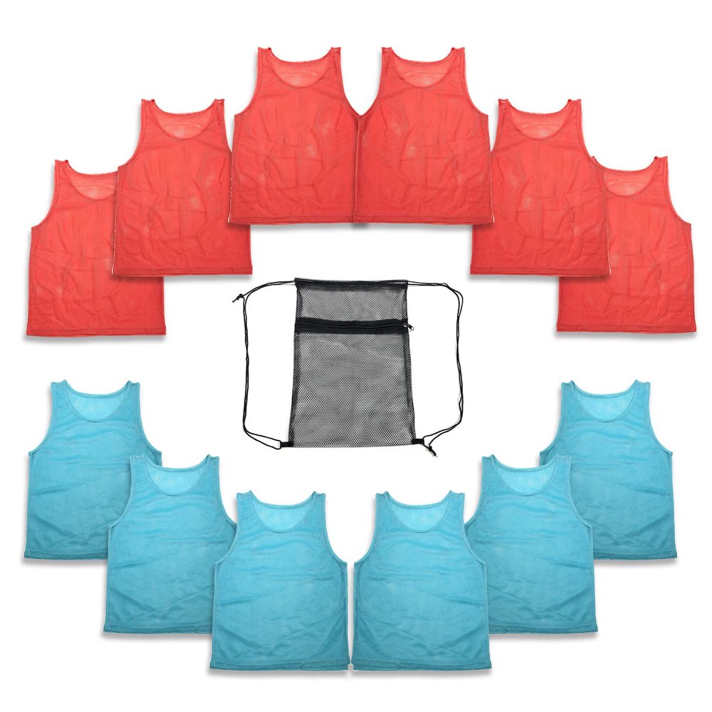 12 pc Set Team Pinnies Vest - Nylon Mesh Vests Uniform for Youth, Kids, Boys & Girls - Basketball, Football, Soccer, All Sport Practice Jersey Pennies Scrimmage, Mesh Zip Backpack (Red & Light Blue)
