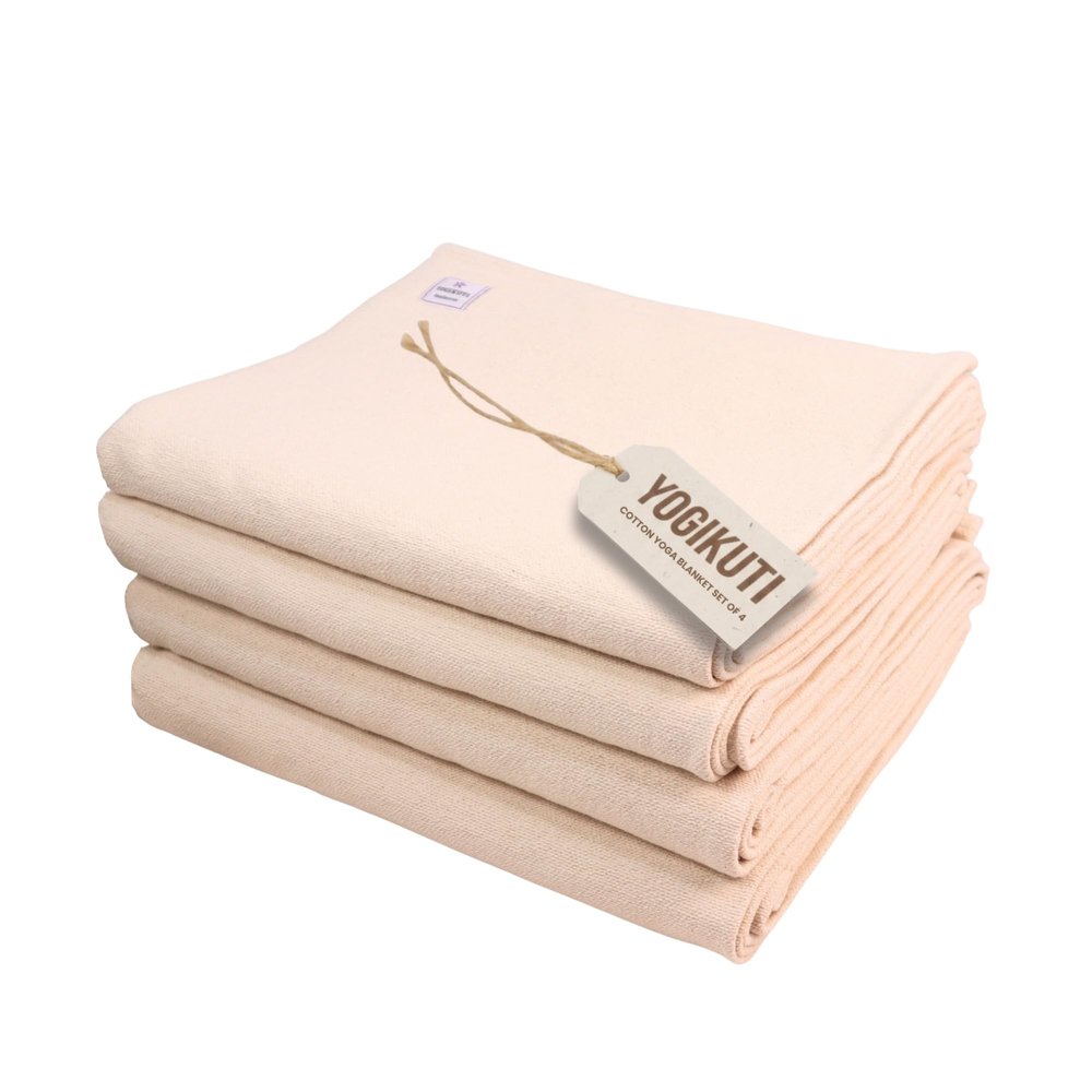 Yogikuti Iyengar Yoga Blanket Set of Four Thick Handwoven Cotton Blankets for Restorative Yoga, Meditation and Pranayama Supportive Yoga Prop for Comfort, Alignment and Deep Relaxation - (White)