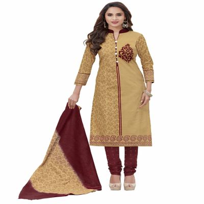 Miraan Women's Cotton Printed Readymade Salwar Suit Large Beige