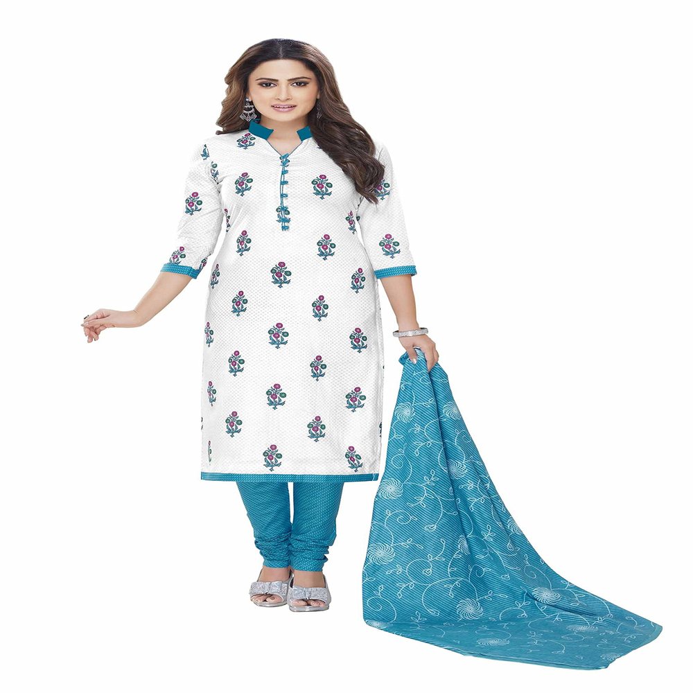 Miraan Women's Cotton Printed Readymade Salwar Suit Large Blue