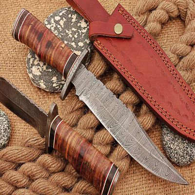 KE-01066-HK Custom and Handmade DAMASCUS Steel Hunting Knife with Damascus Guard with Leather Sheath