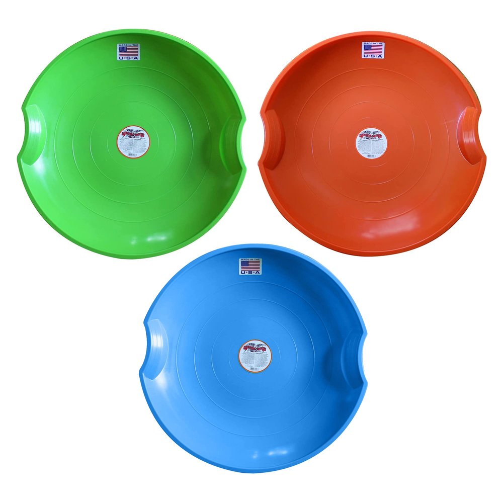 Flexible Flyer Flying Saucer Snow Sleds 3 Pack of Durable 26 Round Plastic Saucer Sleds with Hand Grips Orange, Lime Green & Blue Winter Fun for Kids & Adults