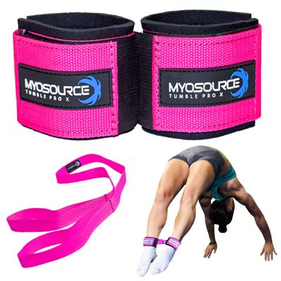 Myosource Kinetic Bands Tumble Pro X Ankle Straps Kit Cheerleading Standing Tumbling Equipment, Gymnastics Backhandspring Trainer Includes Flexibility Stunt Stretch Strap Pink