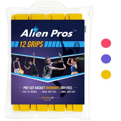 ALIEN PROS Tennis Racket Grip Tape (12 Grips) - Precut and Dry Feel Tennis Grip - Tennis Overgrip Grip Tape Tennis Racket - Wrap Your Racquet for High Performance (12 Grips, Yellow)