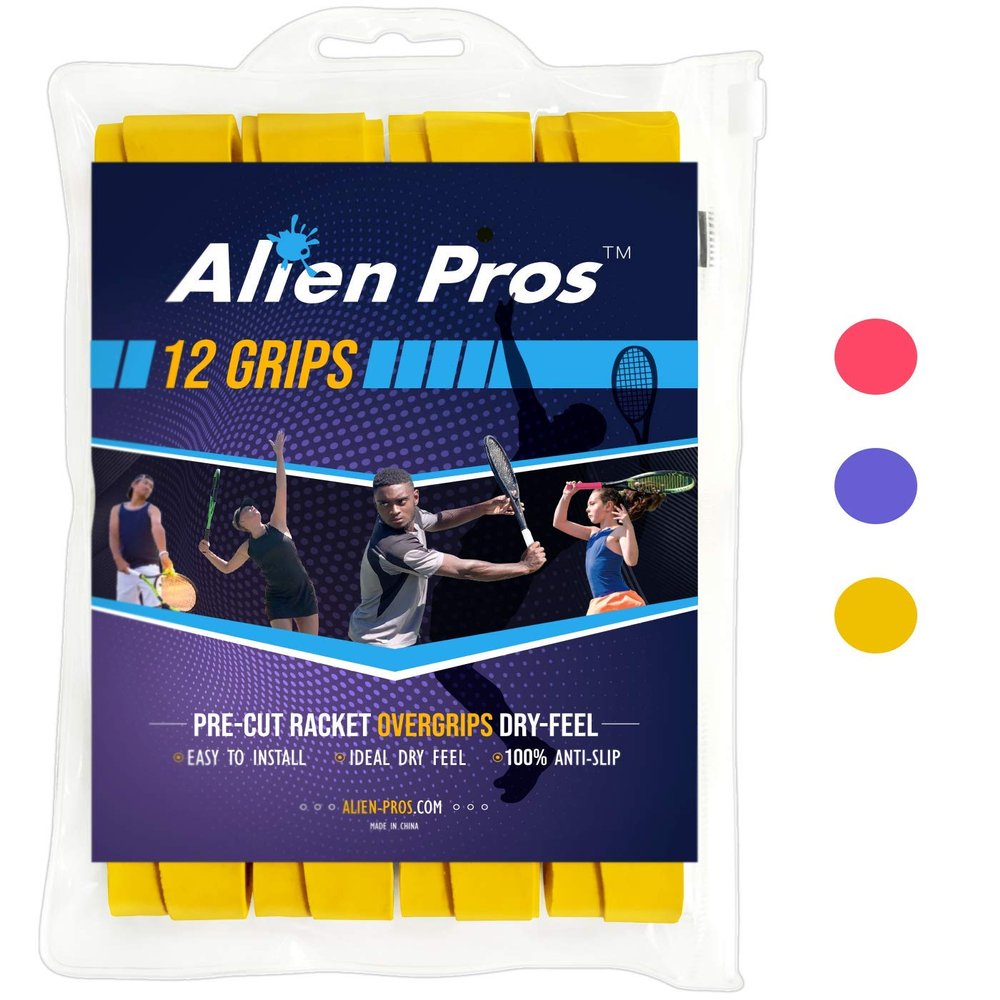 ALIEN PROS Tennis Racket Grip Tape (12 Grips) - Precut and Dry Feel Tennis Grip - Tennis Overgrip Grip Tape Tennis Racket - Wrap Your Racquet for High Performance (12 Grips, Yellow)