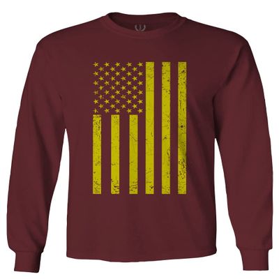 0170. Vintage Retro Distressed Yellow American Flag United States America USA Patriotic Military Style Men's Long Sleeve t Shirt (Maroon X-Large)