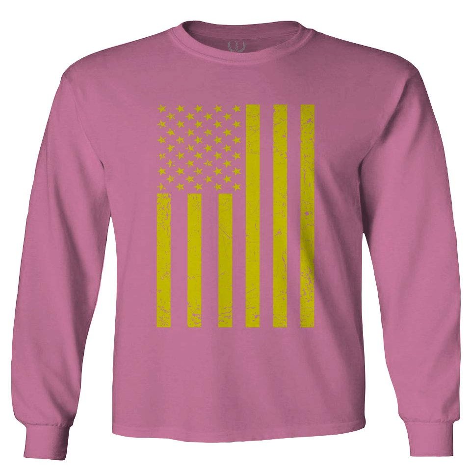 0170. Vintage Retro Distressed Yellow American Flag United States America USA Patriotic Military Style Men's Long Sleeve t Shirt (Pink Small)
