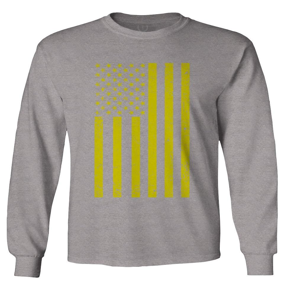 0170. Vintage Retro Distressed Yellow American Flag United States America USA Patriotic Military Style Men's Long Sleeve t Shirt (Light Gray X-Large)
