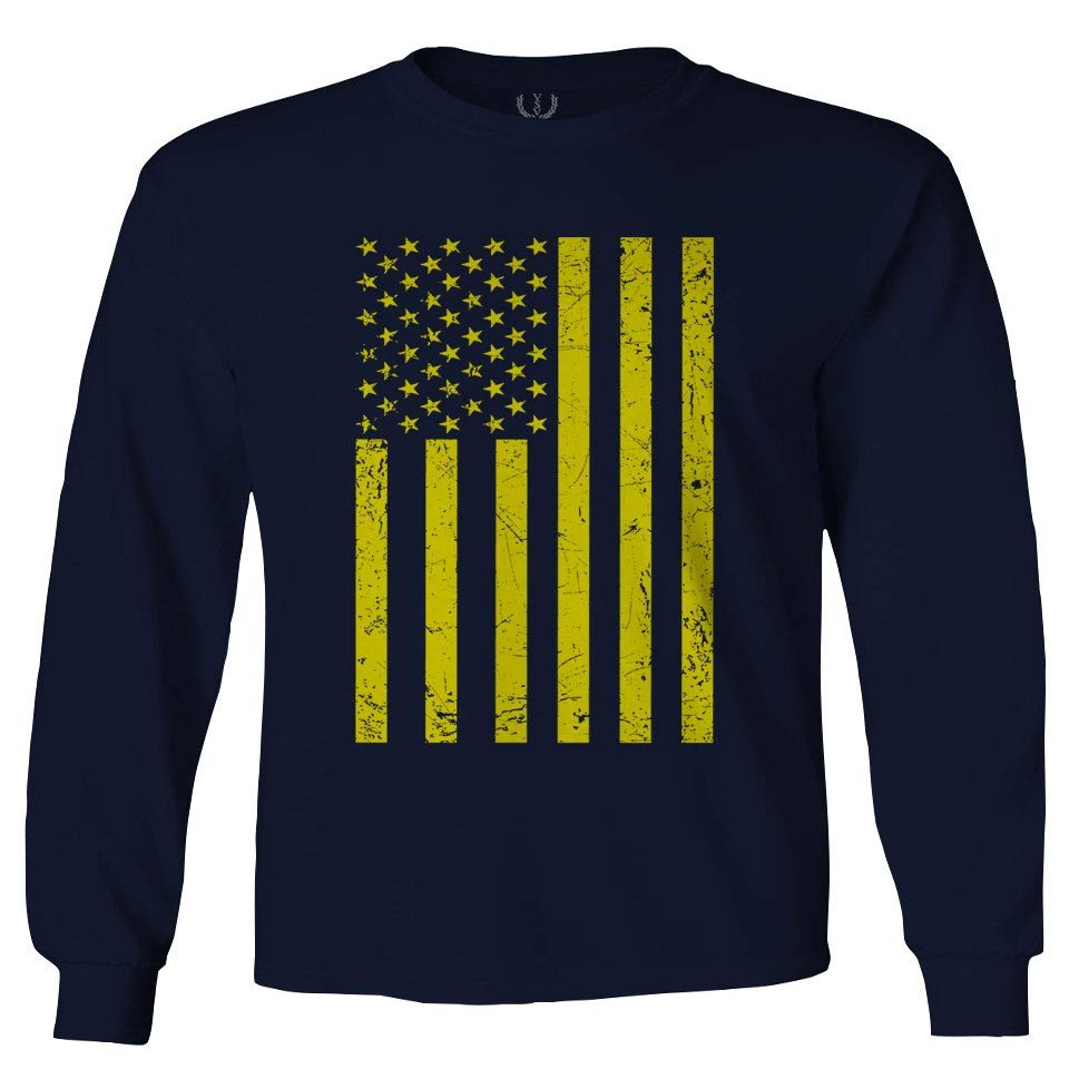 0170. Vintage Retro Distressed Yellow American Flag United States America USA Patriotic Military Style Men's Long Sleeve t Shirt (Characol, 2X Large)