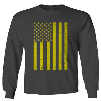 0170. Vintage Retro Distressed Yellow American Flag United States America USA Patriotic Military Style Men's Long Sleeve t Shirt (Characol, Medium)