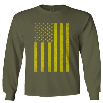 0170. Vintage Retro Distressed Yellow American Flag United States America USA Patriotic Military Style Men's Long Sleeve t Shirt (Olive, X-Large)