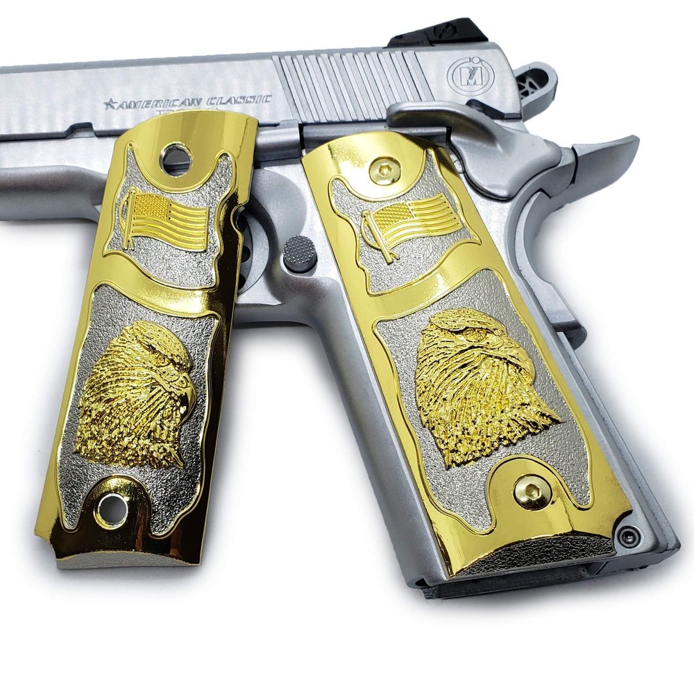 Custom Metal 1911 Grips Nickel Gold Full Size Bald Eagle USA Flag