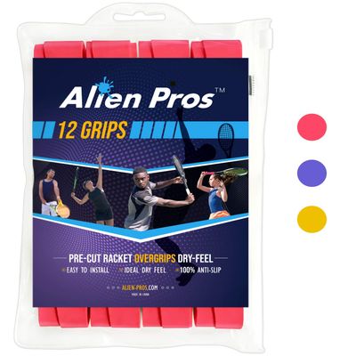 ALIEN PROS Tennis Racket Grip Tape (12 Grips) - Precut and Dry Feel Tennis Grip - Tennis Overgrip Grip Tape Tennis Racket - Wrap Your Racquet for High Performance (12 Grips, Red)