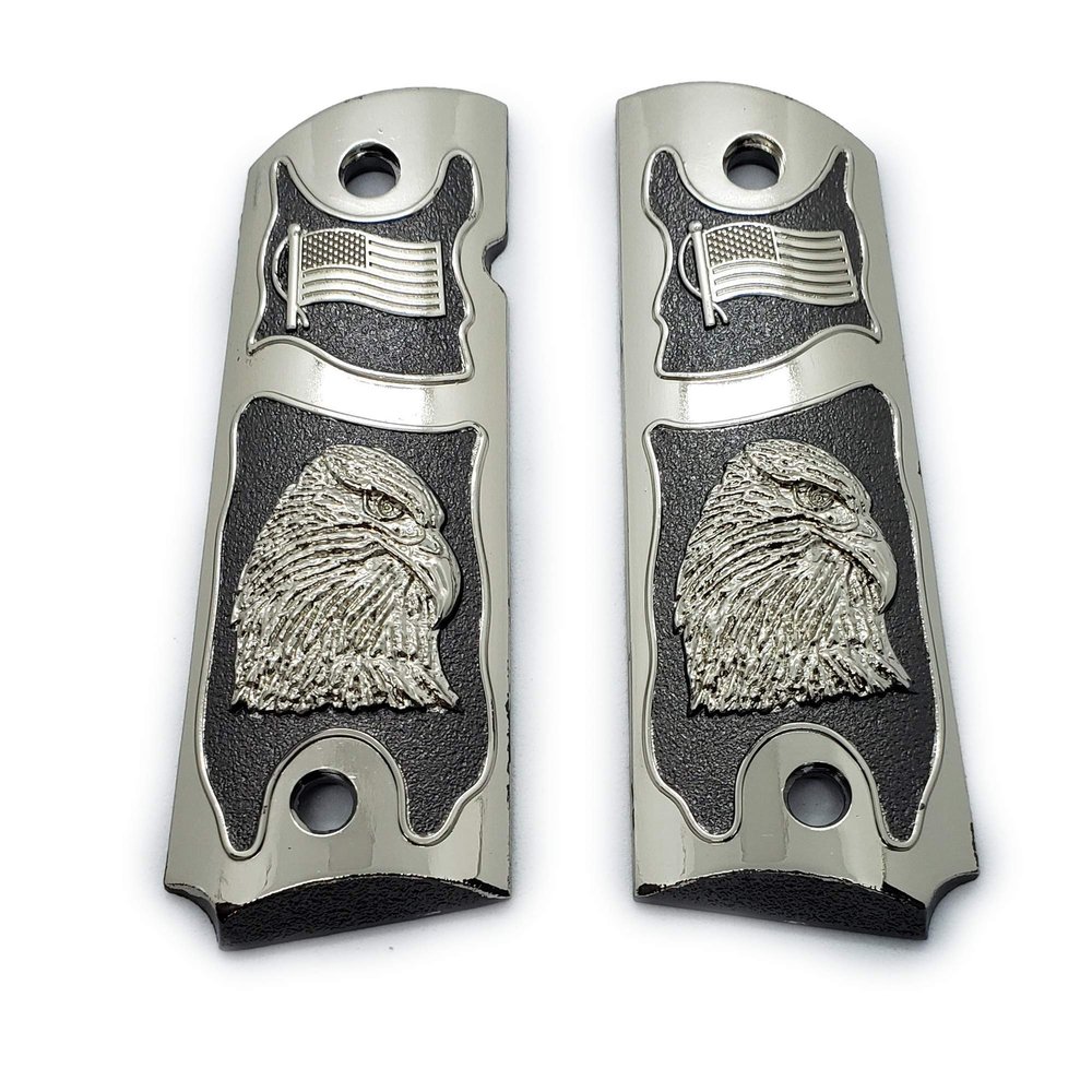 Custom Metal Nickel Black 1911 Full Size Grips Bald Eagle USA Flag