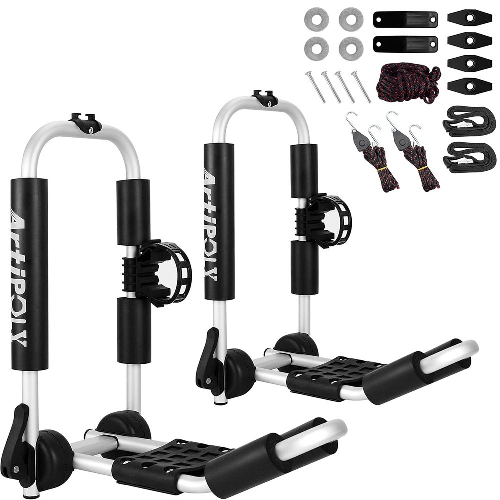 ARTIPOLY Kayak Roof Rack Carrier Kayak & Canoe Car Racks J-Bar with 3-in-1 Multifunction Paddle Holder for Easy Mount Kayak/Surf/Ski/Canoe/SUP on SUV, Car and Truck Crossbar