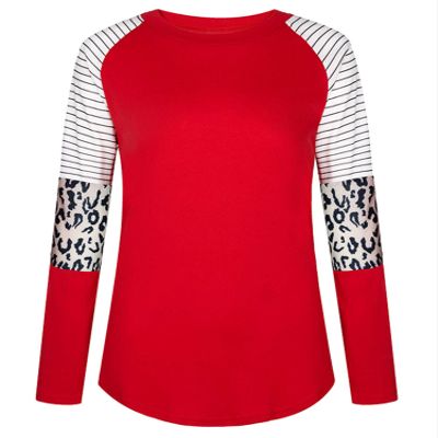 Andongnywell Women's Crew Neck Long Sleeve Leopard Print Color Block Casual Loose T-Shirt Tops Blouse (Dark Red,Medium)