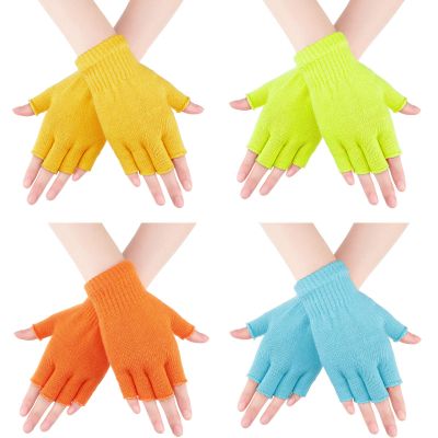Bememo 4 Pairs Fingerless Gloves Half Finger Mittens Winter Solid Color Typing Knitted Gloves for Boys and Girls(Yellow, Orange, Blue, Fluorescent Yellow)