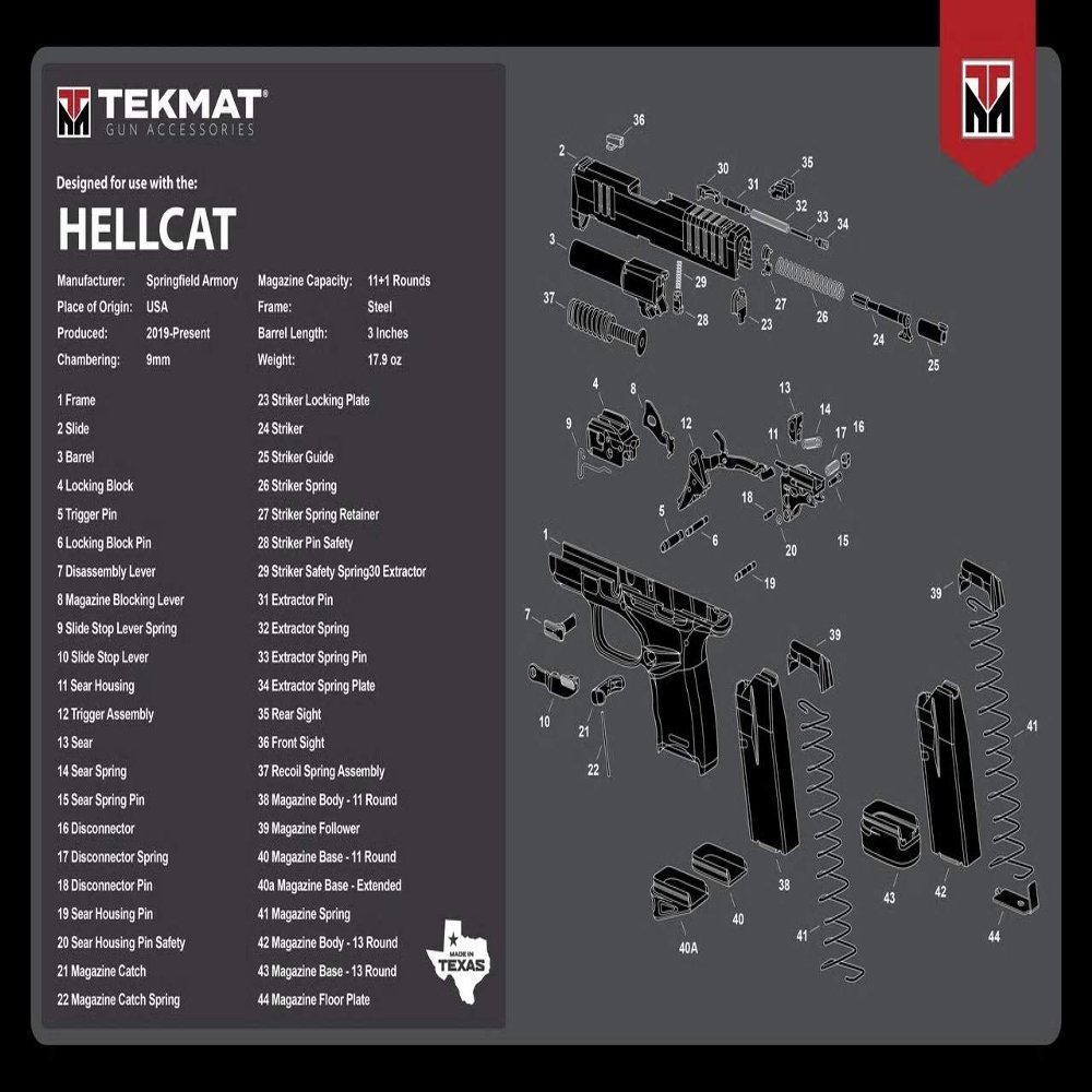 TekMat Springfield Hellcat Mat 17"", Durable, Washable, Gun Cleaning Mat, Black
