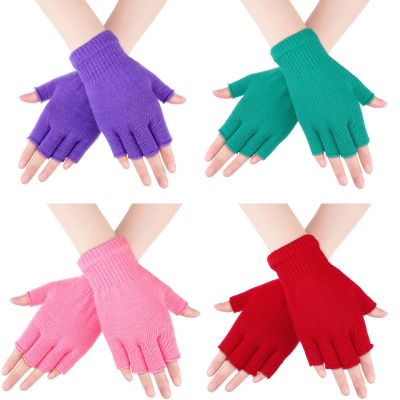 Bememo 4 Pairs Fingerless Gloves Half Finger Mittens Winter Solid Color Typing Knitted Gloves for Boys and Girls(Pink, Red, Green, Light Purple)