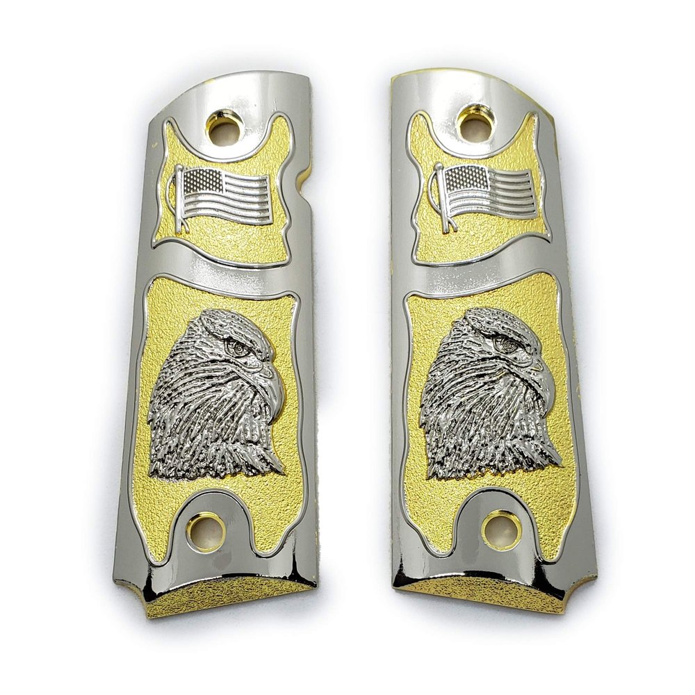 Custom Metal Nickel Gold 1911 Full Size Grips Bald Eagle US Flag Grips