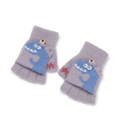 Children's Flip Cartoon Gloves Infant Boys Girls Baby Half Finger Wool Cold Protection Lovely Gloves Keep Warm in Autumn and Winter 1-2 Years Old (Color : Dark Green-B)