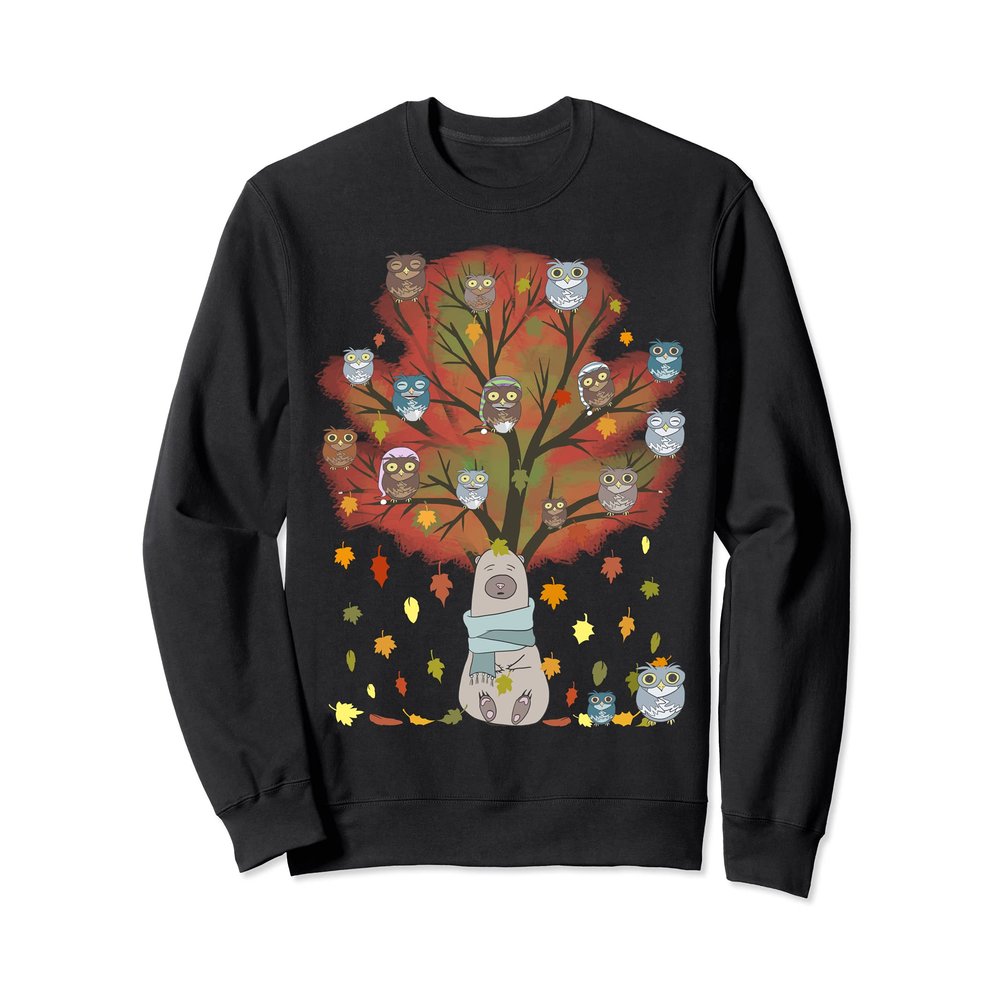 Owl, Bear & Coffee Lovers Tee Funny Fall Leaves Thanksgiving Sweatshirt