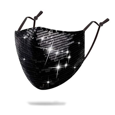 Sparkly Sequins Mouth Masc Fashion Designer Glitter Cotton Face Cover With Adjustable Ear Loops Reusable Masquerade Party Nightclub Rave Festival Sequins Face Covering (Black)