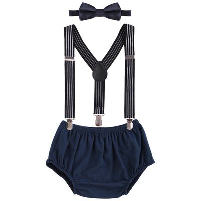 Baby Boys First 1st Birthday Cake Smash Outfit Diaper Cover Bloomers Suspenders Bowtie Clothes Set for Photo Props Party Navy Blue - Striped 3-24 Months