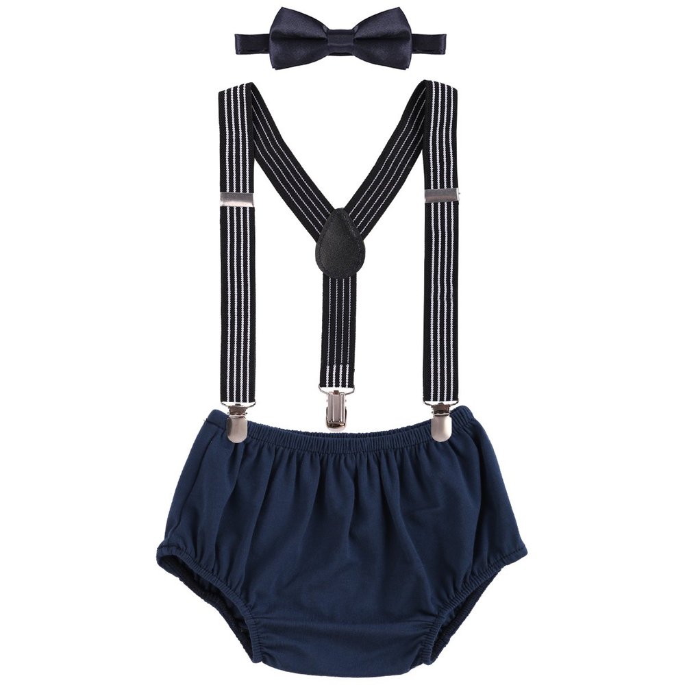 Baby Boys First 1st Birthday Cake Smash Outfit Diaper Cover Bloomers Suspenders Bowtie Clothes Set for Photo Props Party Navy Blue - Striped 3-24 Months