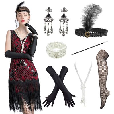 1920s Vintage Inspired Sequin Embellished Fringe V Neck Gatsby Costume Dress w/ 20s Headband Accessories Set (Black Red, X-Large)