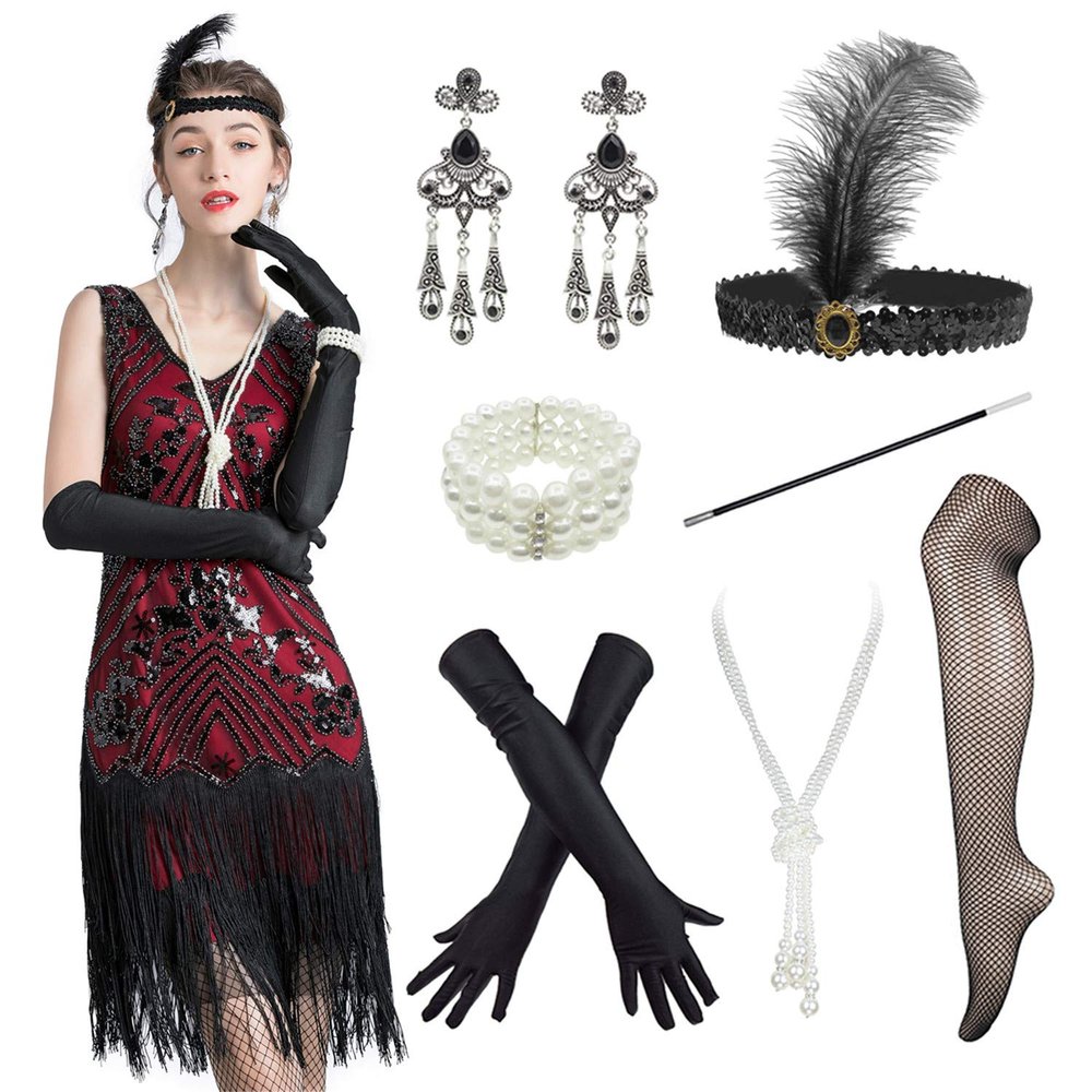 1920s Vintage Inspired Sequin Embellished Fringe V Neck Gatsby Costume Dress w/ 20s Headband Accessories Set (Black Red, X-Large)