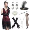 1920s Vintage Inspired Sequin Embellished Fringe V Neck Gatsby Costume Dress w/ 20s Headband Accessories Set (Black Red, X-Large) view 1