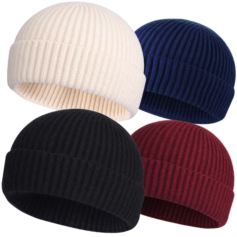 4pcs Wool Fisherman Beanies for Men, Knit Short Watch Cap Winter Warm Hats