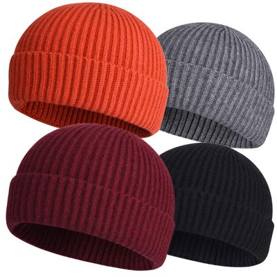 4pcs Wool Fisherman Beanies for Men, Knit Short Watch Cap Winter Warm Hats