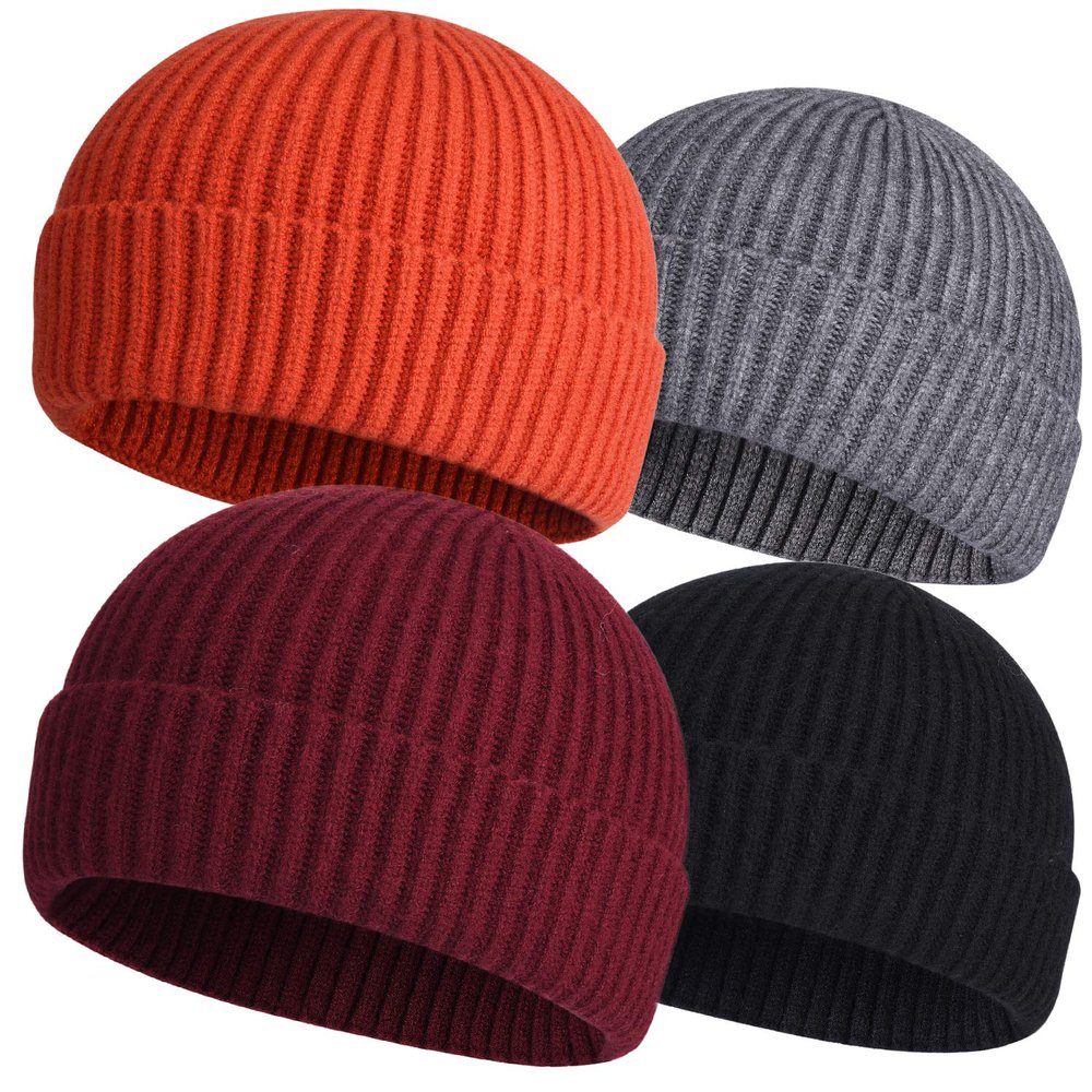 4pcs Wool Fisherman Beanies for Men, Knit Short Watch Cap Winter Warm Hats