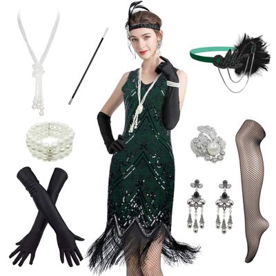 WACUDON Women 1920s Vintage Flapper Fringe Beaded Gatsby Party Costume Dress with 20s Accessories Set (3X-Large, Black Green)