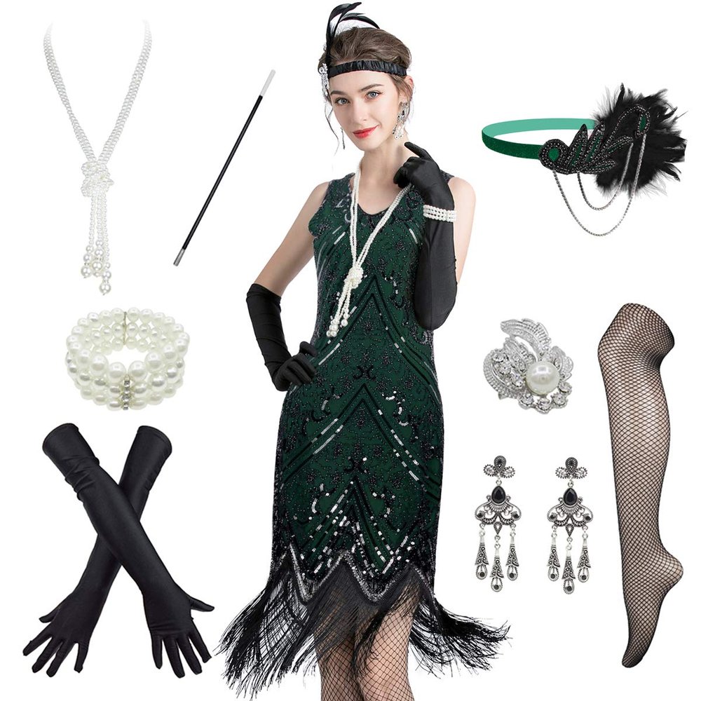 WACUDON Women 1920s Vintage Flapper Fringe Beaded Gatsby Party Costume Dress with 20s Accessories Set (3X-Large, Black Green)