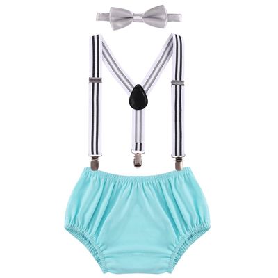 Baby Boys First 1st Birthday Cake Smash Outfit Diaper Cover Bloomers Suspenders Bowtie Clothes Set for Party Photo Props Light Blue 3-24 Months