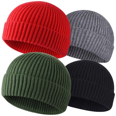 4pcs Wool Fisherman Beanies for Men, Knit Short Watch Cap Winter Warm Hats
