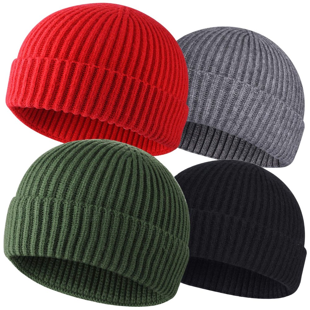 4pcs Wool Fisherman Beanies for Men, Knit Short Watch Cap Winter Warm Hats