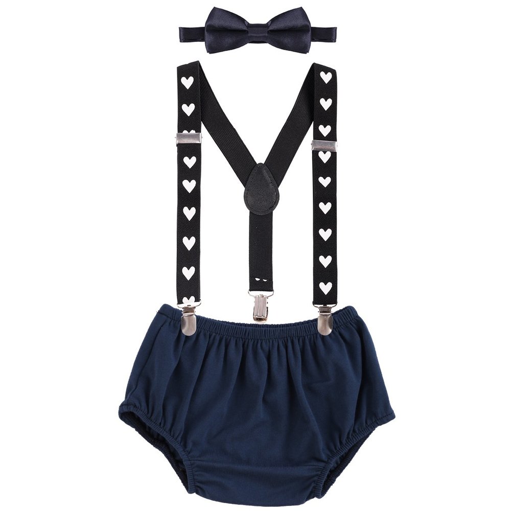 Baby Boys First 1st Birthday Cake Smash Outfit Diaper Cover Bloomers Suspenders Bowtie Clothes Set for Photo Props Party Navy Blue - Heart 3-24 Months