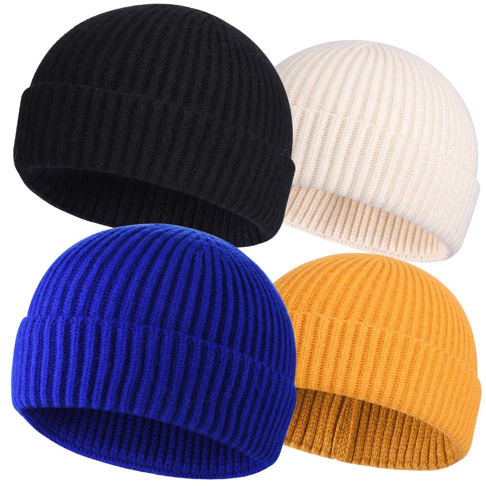 4pcs Wool Fisherman Beanies for Men, Knit Short Watch Cap Winter Warm Hats