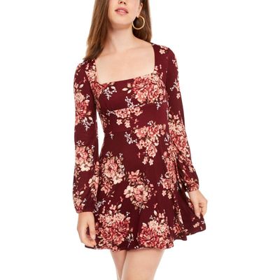 B. Darlin Womens Juniors Floral Square Neck Fit & Flare Dress Red 1/2