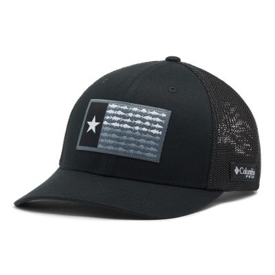 Columbia PFG Flag Mesh Ball Cap-High Crown, Black/Black/Texas Fish, Small/Medium