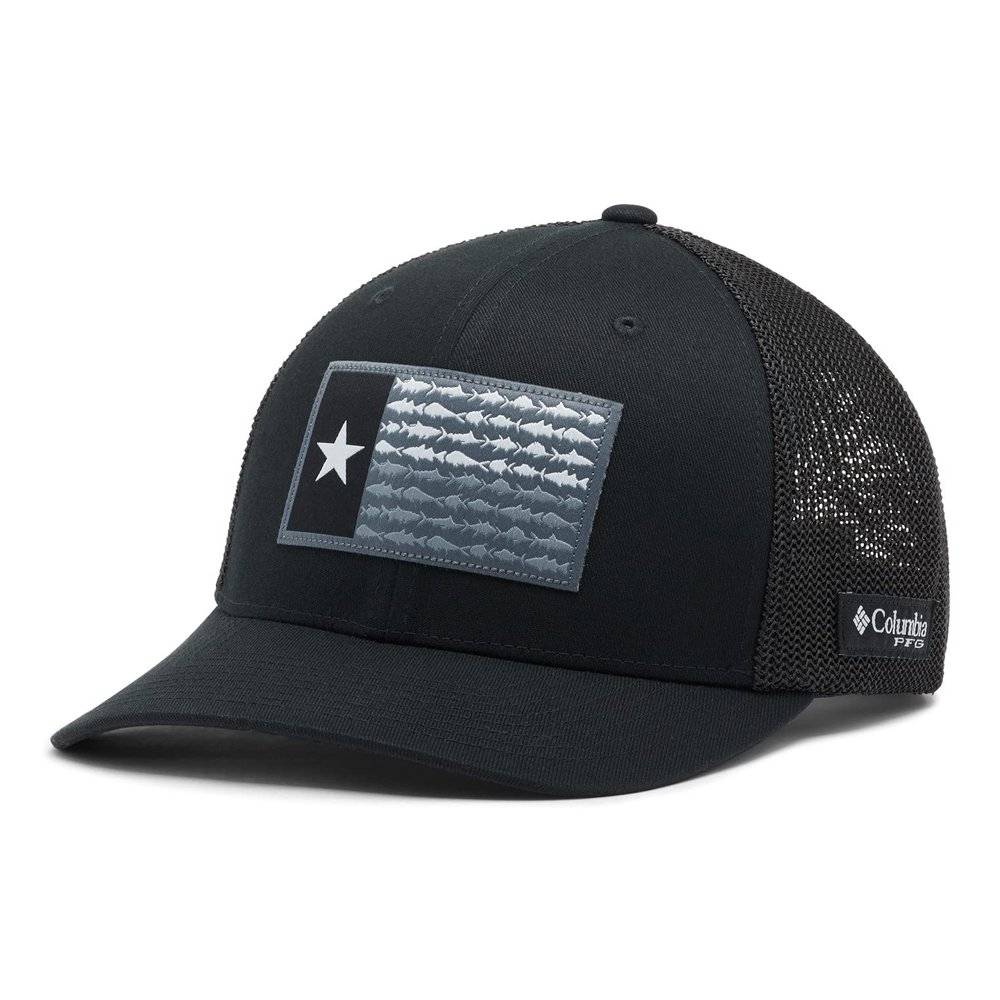 Columbia PFG Flag Mesh Ball Cap-High Crown, Black/Black/Texas Fish, Small/Medium