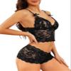Lilosy Sexy Women Floral Lace Pajamas Lingerie Set High Waist Sheer Sleepwear See Through Nightwear Bow Ties Cami Shorts Bra and Panty 2 Piece Black Medium view 2