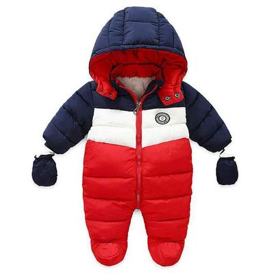 Bestgift Unisex Baby Winter Snowsuit Toddler Hoodied Footie Romper Outwear Coat Navy-red 12-18 Months