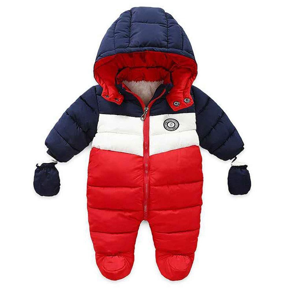 Bestgift Unisex Baby Winter Snowsuit Toddler Hoodied Footie Romper Outwear Coat Navy-red 12-18 Months