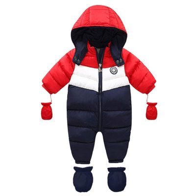 Bestgift Unisex Baby Winter Snowsuit Toddler Hoodied Footie Romper Outwear Coat Red-Navy 9-12 Months